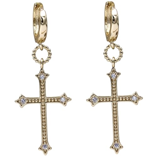 18K Gold Plated, Dangle Earrings for Women, Flower/Heart Drop earrings, Hypoallergenic Cubic Zirconia Earrings, Lightweight, Party, gold earrings, Jewelry for Gifts, Fashion - style: OBS7521-Cross