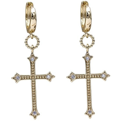 18K Gold Plated, Dangle Earrings for Women, Flower/Heart Drop earrings, Hypoallergenic Cubic Zirconia Earrings, Lightweight, Party, gold earrings, Jewelry for Gifts, Fashion - style: OBS7521-Cross
