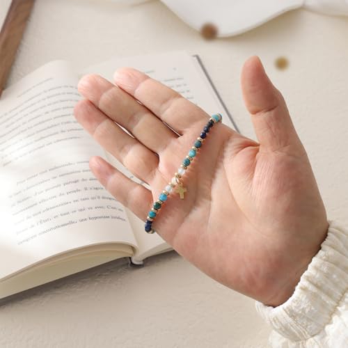 Christian Gifts for Women, Cross Bracelet, Natural Stone Beaded Jewelry - color: Blue