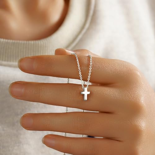 M MOOHAM Cross Necklace for Women Girls, Dainty 14K Gold Plated Cross Pendant Necklace Sideways Cross Choker Layered Necklaces for Women Girls - color: Tiny Cross Silver