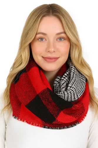 ScarvesMe Women's Check and Plaid Soft Infinity Loop Winter Fall Warm Scarf - color: Easc9397_red