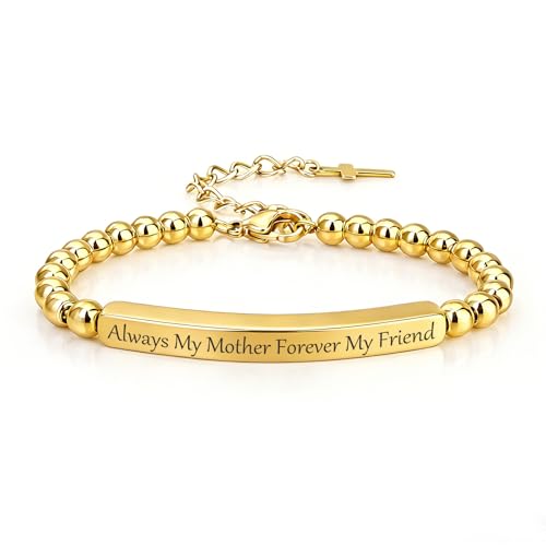 Inspirational Christian Bracelet for Women, Stainless Steel Beaded Cross Jewelry with Bible Verse, Religious Faith Gift for Mom, Daughter, Sister, Friend - color: Always My Mother Forever My Friend-Gold Bead