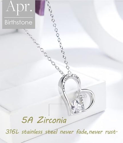 Birthstone Cross Necklace for Girls, Child of God Cross Gifts Jewelry - color: 04. April, style: 01. Silver
