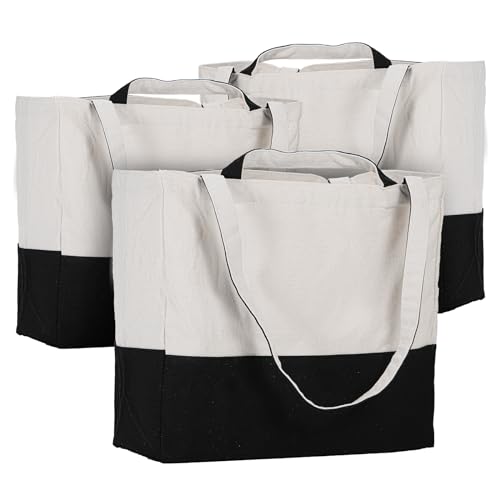3 Pack Canvas Grocery Bags with Long Shoulder Strap and Short Handle（Black） - color: Black-3pack