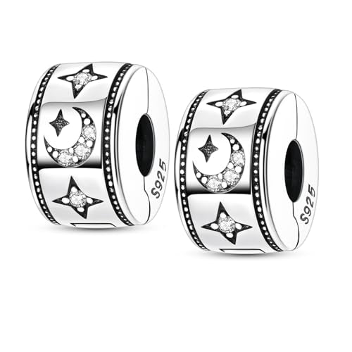 Clip Stopper Beads Fit For Pandora Bracelet, Spacer Charms For Bracelets - color: Moon&Star-2Pack