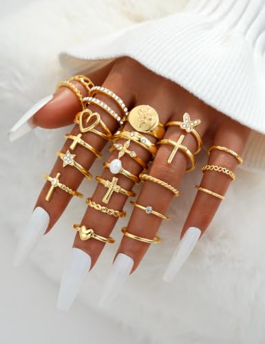 Gold Stackable Rings Set for Women, Gold Plated Chunky Crystal Finger Rings - color: Gold Heart