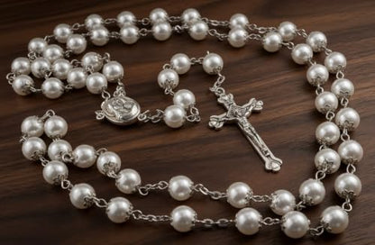 Nazareth Store Wedding White Pearl Beads Rosary Handcrafted Prayer Necklace with Holy Soil Medal and Jesus Cross Crucifix - size: Large