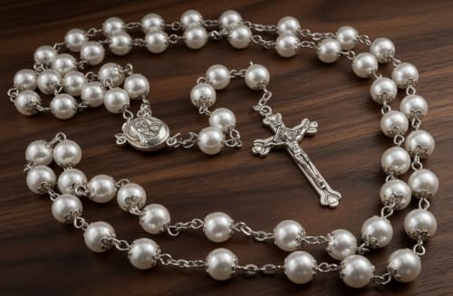 Nazareth Store Wedding White Pearl Beads Rosary Handcrafted Prayer Necklace with Holy Soil Medal and Jesus Cross Crucifix - size: Large