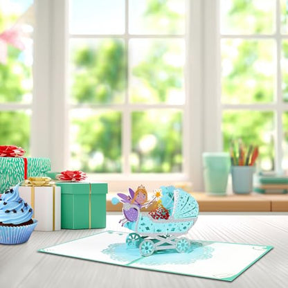GREETING ART Welcome New Baby Boy Card, Baby Shower Card for Boy, New Baby Stroller Congratulations Cards - color: Baby Stroller Blue