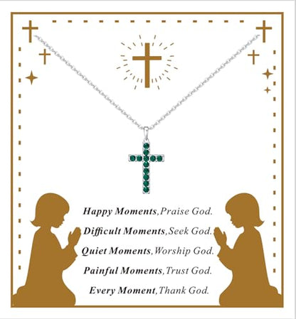Birthstone Cross Necklace for Women,First Communion Gifts Easter Baptism Cross Jewelry Pendant Gift - color: 05May-Emerald Green