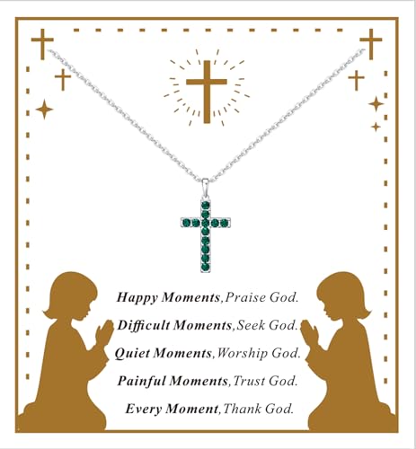 Birthstone Cross Necklace for Women,First Communion Gifts Easter Baptism Cross Jewelry Pendant Gift - color: 05May-Emerald Green