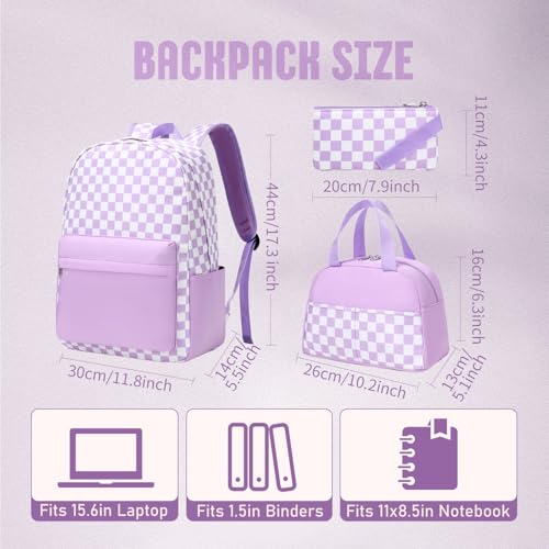 UREYMX Checkered Backpack - School Backpack for Kids, Large Capacity, Waterproof, Lightweight, Black - color: 3 in 1 Purple and White Plaid