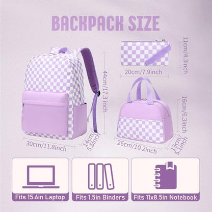 UREYMX Checkered Backpack - School Backpack for Kids, Large Capacity, Waterproof, Lightweight, Black - color: 3 in 1 Purple and White Plaid