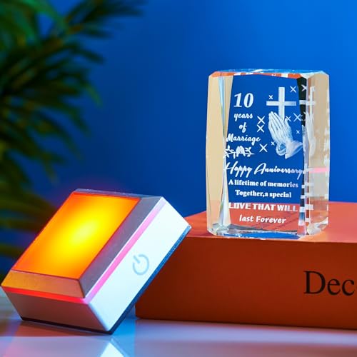 10th Wedding Anniversary Religious Crystal Gifts for Couples with LED Base Romantic 10 Years of Marriage Gift for Her Him, Laser Engraved Happy 10th Anniversary Keepsake Gifts for Wife Husband - color: 10TH Wedding Anniversary