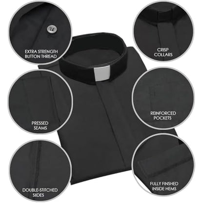 CLERKMANS Men’s Clergy Priest Shirt Long Sleeves, Free Tab Collar Insert for Pastor Preacher Minister Costume Button Shirt - size: 17" Neck