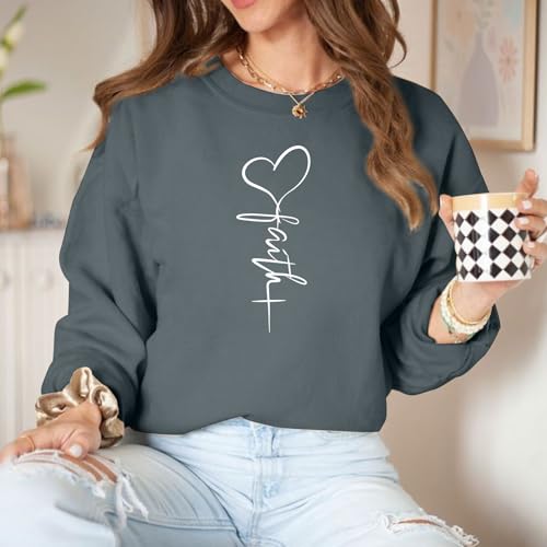 KIEKIECOO Faith Christian Sweatshirts for Women Religious Crewneck Sweatshirt Letter Print Fall Pullover Long Sleeve Tops - color: Deep Gray, size: Small
