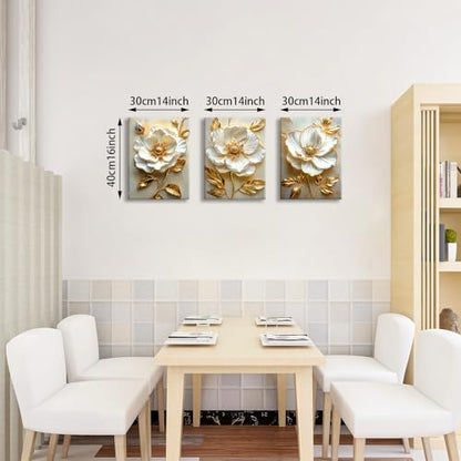 WENGTIAO Modern White Floral Golden Leaves Canvas Wall Art Set 12x16 x3Pcs - color: Flower-golden leaf, size: 12"x16"x3Pcs