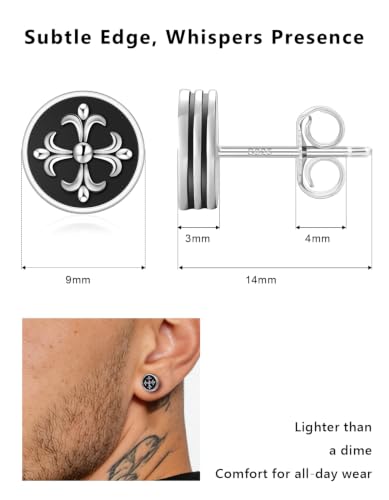 KRKC&CO Earrings for Men, Sterling Silver Earrings Studs, Hypoallergenic - color: Black H