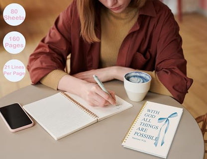 Blue Bible Journal for Women, A5 Spiral Christian Notebook & Study Supplies, Cute Hardcover Coquette Bow Diary with Scripture Matthew 19:26 for Church Notes, Prayer & Teen Girls.5.5 x 8.3 Inch - color: (Blue) Matthew 19:26