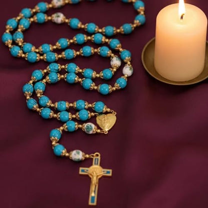 Nazareth Store Saint Benedict 10mm Glass Rosary Beads Catholic Necklace Flowers Mystery Bead Miraculous Medal Locket Cross Prayer Rosarios Catolicos - color: Turquoise