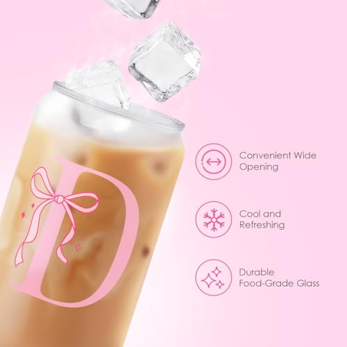 SANDJEST Monogrammed Glass Drinking Can Cup with Acrylic Lid and Straw, Personalized Frosted Iced Coffee Tumbler 16oz, Monogram Initial Gifts for Women Girls on Birthday (D) - color: D