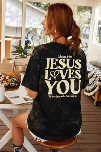 Christian Shirts for Women Oversized Faith Jesus Shirt Inspirational Tops - color: Tie-dyed Grey, size: Large