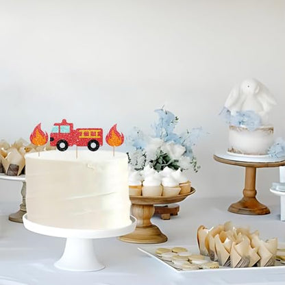 Firetruck Cake Topper, Fire Truck Birthday Cake Decor, Red Glitter Emergency Vehicle Cake Topper for Boy Birthday, Firetruck Themed Baby Shower Party Decoration - style: Firetruck