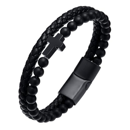 Mens Cross Bead Braided Genuine Leather Bracelet, Black Gemstone Agate Onyx Beaded Rosary Obsidian Bangle, Faith Religious Easter Catholic Christian Communion Baptism Christmas Jewelry Gift for Men - color: Black-9.25IN