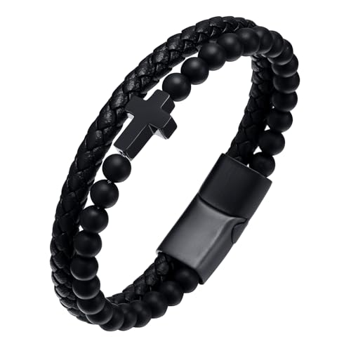 Mens Cross Bead Braided Genuine Leather Bracelet, Black Gemstone Agate Onyx Beaded Rosary Obsidian Bangle, Faith Religious Easter Catholic Christian Communion Baptism Christmas Jewelry Gift for Men - color: Black-9.25IN