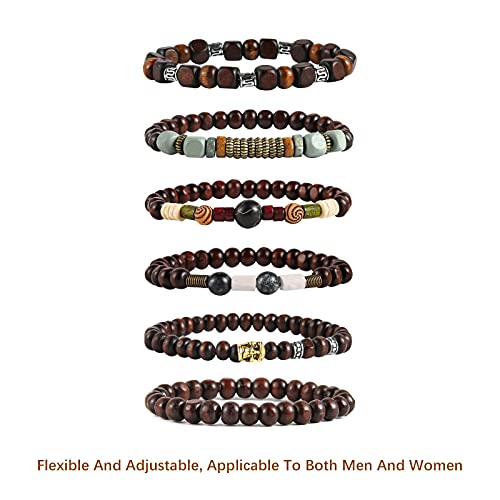 HZMAN Handmade Hemp Cords Wood Beads Leather Bracelets for Men Women - style: Skull