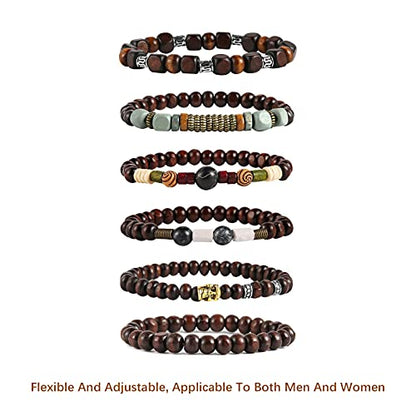 HZMAN Handmade Hemp Cords Wood Beads Leather Bracelets for Men Women - style: Skull