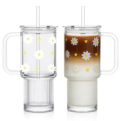 INSETLAN 26 oz Glass Tumbler with Handle, 2-Pack Iced Coffee Cups - color: 2 Pcs - Daisy