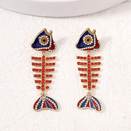 Fish Bone Earrings Drip Oil Animal Earrings Colorful Crystal Sparkly Enamel Earrings Creative Long Fishbone Earstud Dangle Fish Drop Earrings Jewelry for Women - color: Red-1
