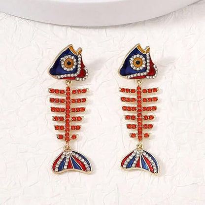 Fish Bone Earrings Drip Oil Animal Earrings Colorful Crystal Sparkly Enamel Earrings Creative Long Fishbone Earstud Dangle Fish Drop Earrings Jewelry for Women - color: Red-1