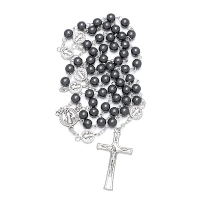 KOMI 6mm Glass Pearl Rosary Beads Catholic for Women with Metal Rosary Box Religious Gifts - style: St Benedict-hematite