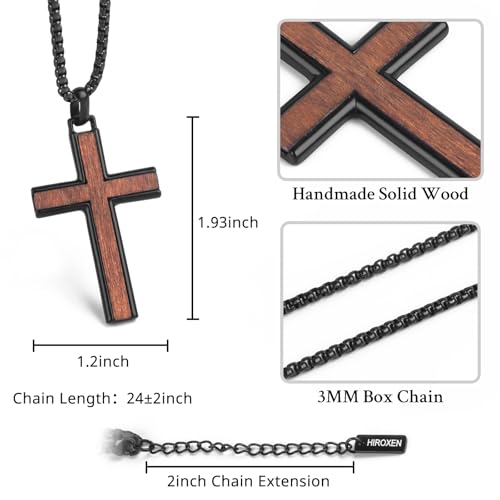 Wooden Cross Necklace for Men, Black Crucifix Pendant