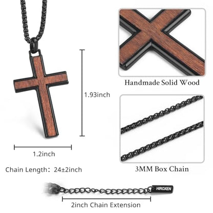 Wooden Cross Necklace for Men, Black Crucifix Pendant