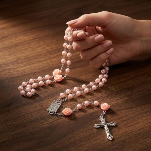 Nazareth Store Pink Pearl Catholic Rosary Necklace with 6mm Glass Beads Rose Mystery Our Lady of Lourdes Medal 1.6 Inch Crucifix 17 Inch