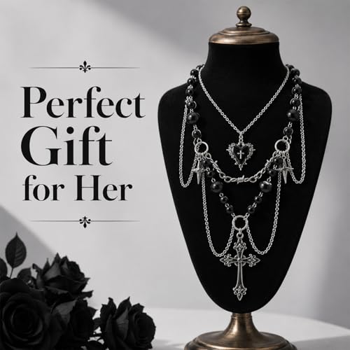Women's Gothic Y2K Emo Chunky Silver Cross Necklace with Black Pearls, Layered Cross Pendant Necklace Set for Layered Necklaces - Fashion Statement Jewelry