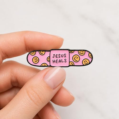 Funny Pink Bandage Pin - Enamel Religious Jesus Pins Brooch for Backpacks, Jackets, Hats with "Jesus Heals". Bible Verse Brooches Gift for Christians and Friends