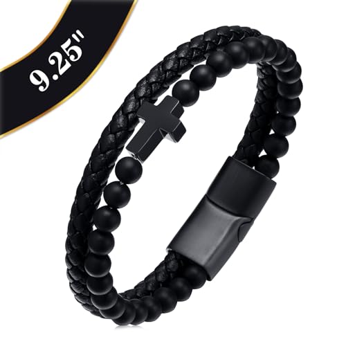 Mens Cross Bead Braided Genuine Leather Bracelet, Black Gemstone Agate Onyx Beaded Rosary Obsidian Bangle, Faith Religious Easter Catholic Christian Communion Baptism Christmas Jewelry Gift for Men - color: Black-9.25IN