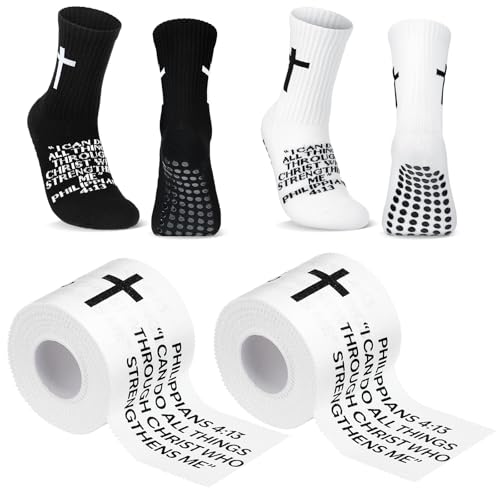 TrelaCo 2 Sets Cross Grip Socks with 2 Pcs Christian Athletic Tape Jesus Soccer Grip Socks Cotton Sports Athletic Tape Serrated Edges for Easter Gifts Football Baseball(Black White,Philippians 4:13) - color: Philippians 4:13