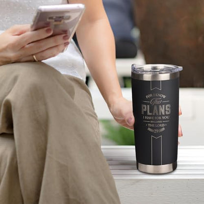 Christian Art Gifts Large 18 oz. Stainless Steel Travel Tumbler for Men & Women - color: Black/Know the Plans