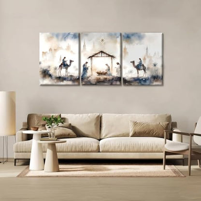 HCJWCXD Religious Wall Art Set of 3 Nativity Scene Canvas Prints 16x24Inch - color: Blue-gray, size: 16x24 Inches