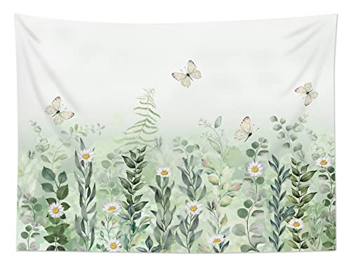 EOBTAIN Sage Green Leaves Tapestry Eucalyptus Leaf Botanical Plant Vintage Daisy Flowers Butterfly Floral Tapestries Simple Cottagecore Aesthetic Tapestry Wall Hanging Living Room Bedroom Dorm 60Wx40H - color: Green, size: 40"L x 60"W