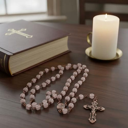 Nazareth Store Natural Stone Beads 8mm Rosary Necklace Antique Copper Design Holy Soil Medal & Cross in Velvet Bag - Catholic Rosaries Terra Santa Jerusalem Collection - color: Rose Quartz