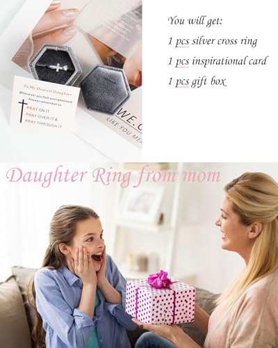 To My Daughter Ring from Mom 925 Sterling Silver Cross Ring Pray on/over/through It Rings Adjustable Anxiety Relief Rings Inspirational Cheer up Birthday Gifts for Daughter - color: A1:daughter ring