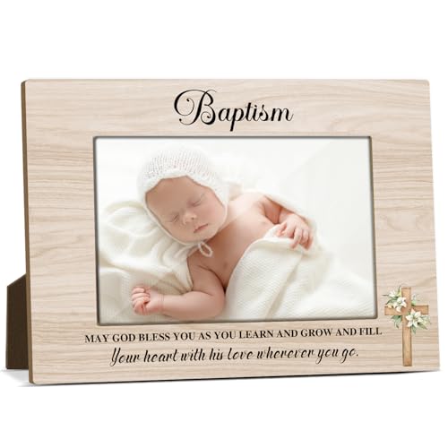 Baptism Picture Frame, Catholic Baby Gift, Baby Girl/Boy Baptism Presents from Godparents Friends and Family, Wooden Picture Frame Fits 4x6 Inch Photo, Home Office Desktop Nightstand Decor -012 - color: Wood