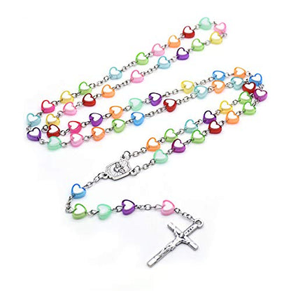 Handmade Wooden Resin Crucifix Rosary Beads Chain Pendant Necklace Colorful Love Heart Catholic Cross Virgin Mary Jesus Necklace for Women Men Religious Lord Praying Jewelry Gift - color: A heart
