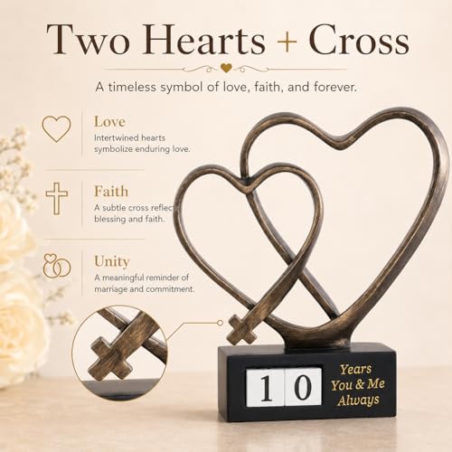 Wedding Anniversary Couples Gift - 1st to 50th or 60th for Wife Parents Husband, Wedding Gift for Couple, Two Hearts Decor and Cross Sculpture with Rotating Year, Printed Poem Card